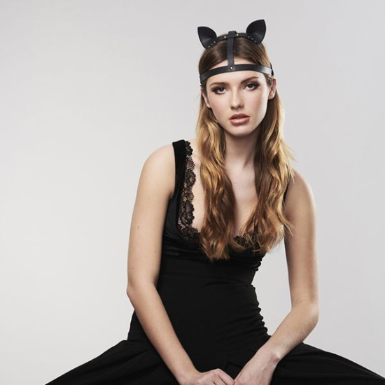 Маска кошечки с ушками из экокожи, черная Bijoux Indiscrets Maze Cat Ears Headpiece Black
