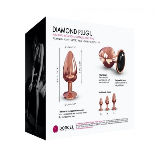 Металева анальна пробка з чорним кристалом, макс. діаметр 4,1 см Dorcel Diamond Plug L