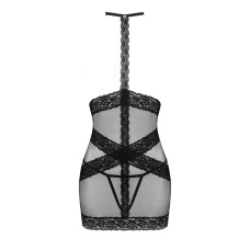 Чорна напівпрозора сорочка з відкритими грудьми і чокером Obsessive Lacrisia Chemise Black, XS/S