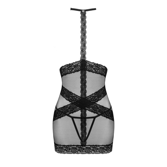 Чёрная полупрозрачная сорочка с открытой грудью и чокером Obsessive Lacrisia Chemise Black, XS/S
