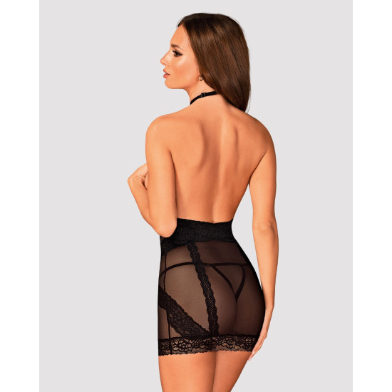Чёрная полупрозрачная сорочка с открытой грудью и чокером Obsessive Lacrisia Chemise Black, XS/S