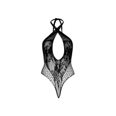 Кружевное тедди с глубоким вырезом и халтером, чёрное Leg Avenue Lace and Net Halter Teddy Black, One Size