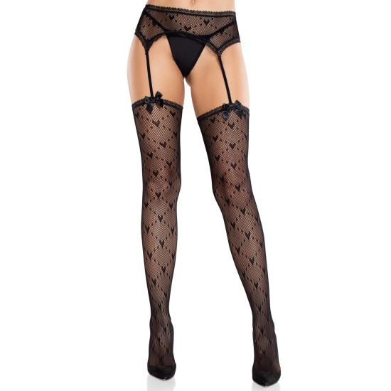 Колготки-чулки с узором сердечки и поясом, черные Leg Avenue Heart Garterbelt Stockings Black, One Size