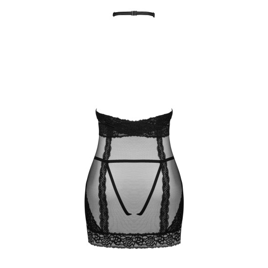 Чёрная полупрозрачная сорочка с открытой грудью и чокером Obsessive Lacrisia Chemise Black, M/L