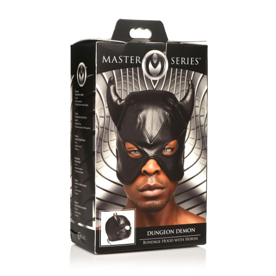 Маска для бондажу з рогами, чорна Master Series Dungeon Demon Bondage Mask with Horns Black