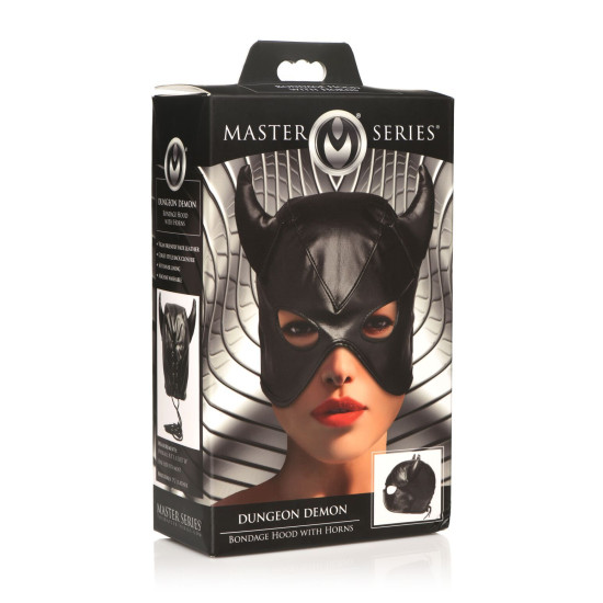 Маска для бондажу з рогами, чорна Master Series Dungeon Demon Bondage Mask with Horns Black