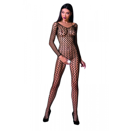 Бодистокинг-комбинезон из крупной сетки с длинным рукавом, черный Passion BS068 Black