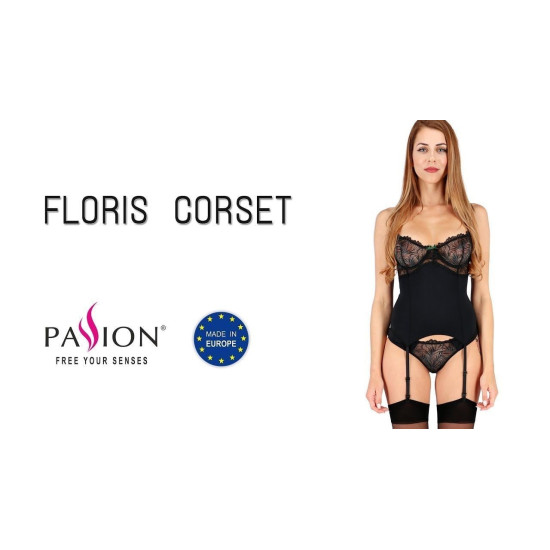 Корсет черного цвета с пажами (трусики в комплекте) FLORIS CORSET Passion Exclusive Black, S/M