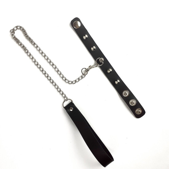 Кожаное БДСМ кольцо для члена с шипами и поводком, черное Penis Ring with Spikes and Leash