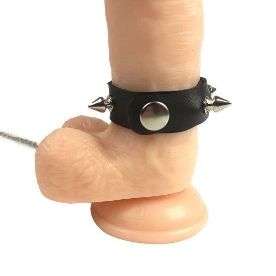 Кожаное БДСМ кольцо для члена с шипами и поводком, черное Penis Ring with Spikes and Leash