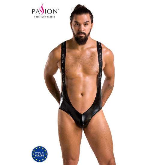 Чоловіче відкрите боді під латекс на лямках, чорне Passion 027 Bruno Black, L/XL