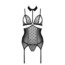 Корсет с открытой грудью, пажами для чулок и стрингами, чёрный Passion Dominica Corset Black, L/XL