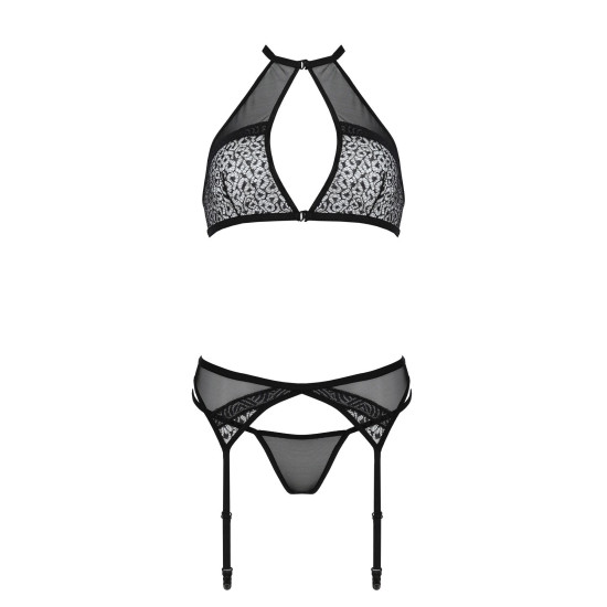 Комплект білизни (топ, пояс для панчіх, стринги), чорний Passion Satara Set Black, XXL/XXXL