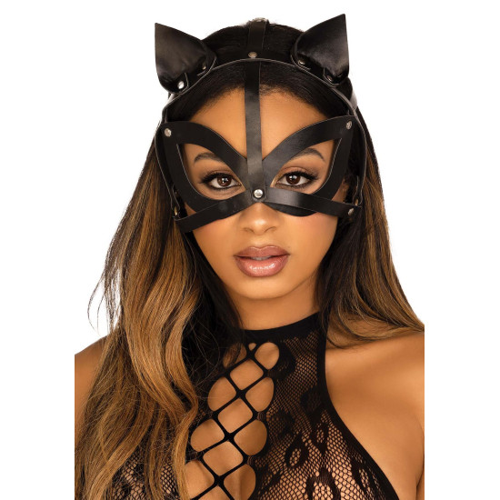 Маска кошки из экокожи, чёрная Leg Avenue Vegan Leather Studded Cat Mask Black