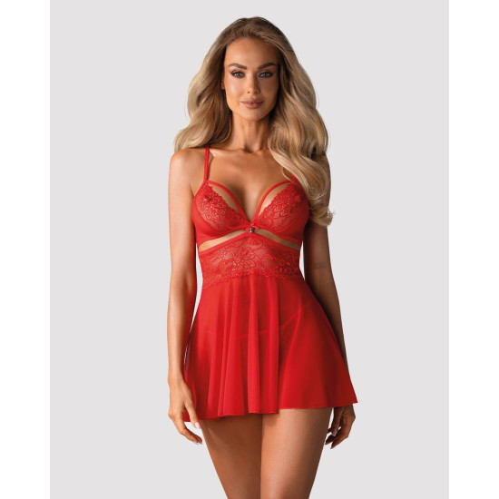 Бэби-долл с трусиками, красный Obsessive 838-BAB-3 Babydoll & Thong Red, 2XL/3XL