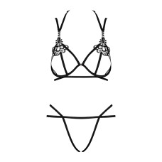 Obsessive Badossa 2-Pcs Set Black, S/M (пом'ята упаковка!!!) - чорний еротичний комплект зі стреп (бюстгальтер, стрінги) з відкритим доступом до промежини