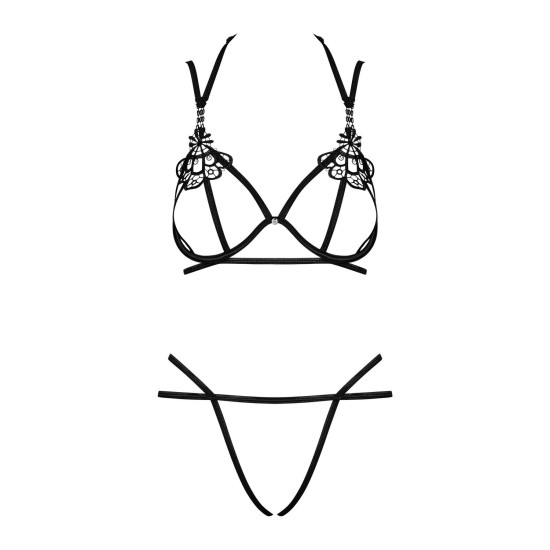 Obsessive Badossa 2-Pcs Set Black, S/M (пом'ята упаковка!!!) - чорний еротичний комплект зі стреп (бюстгальтер, стрінги) з відкритим доступом до промежини