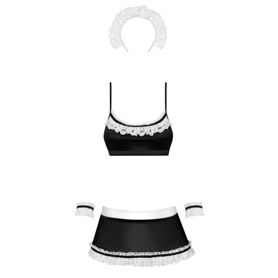 Атласный эротический костюм горничной (5 предметов), черный Obsessive Maid Set Black, S/M