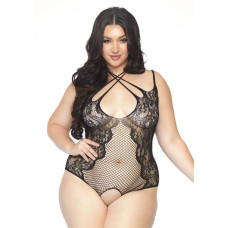 Чорне тедді з відкритим доступом і шнурівкою Leg Avenue Net and Lace Crotchless Teddy Black, 1X-2X