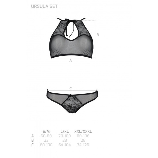 Комплект с ажурным декором и открытым шагом (бра и трусики), черный Passion Ursula Set Black, S/M