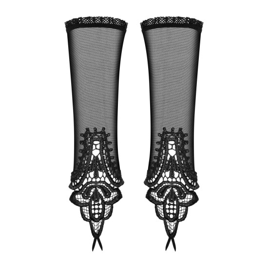 Чёрные сетчатые митенки с кружевом Obsessive Luiza Mittens Black, One Size