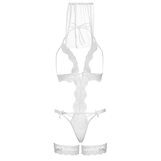 Костюм невесты с открытой грудью (тедди, вуаль, подвязка), белый Leg Avenue G-String Teddy, Veil & Garter White, One Size