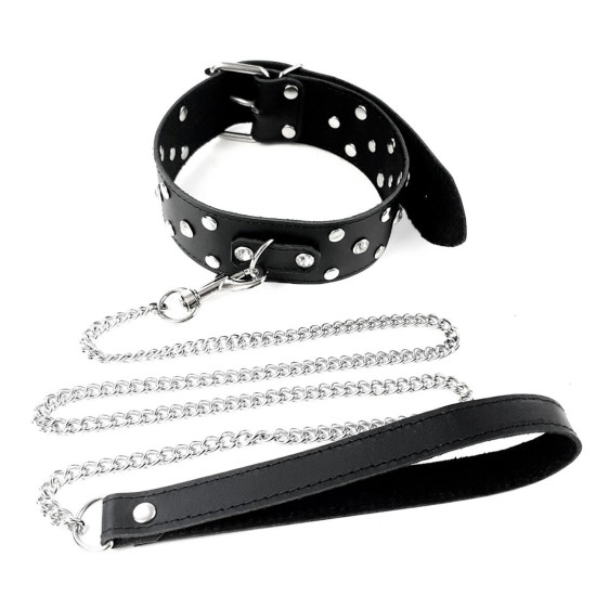Нашийник з повідцем з натуральної шкіри з заклепками, чорний Art of Sex Jenna Collar with Leash