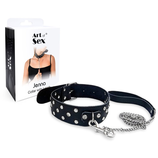 Нашийник з повідцем з натуральної шкіри з заклепками, чорний Art of Sex Jenna Collar with Leash