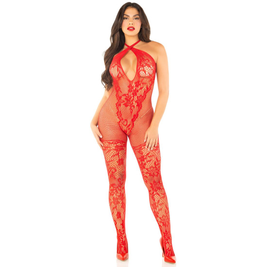 Бесшовный бодистокинг из кружева и сетки, красный Leg Avenue Seamless Net and Lace Lingerie Jumpsuit Red, One Size