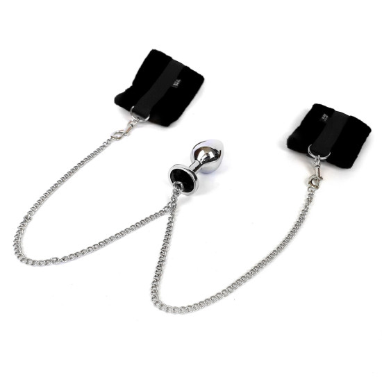 Чорні наручники з металевою анальною пробкою, діаметр 3,4 см Art of Sex Handcuffs With Metal Anal Plug Black, M