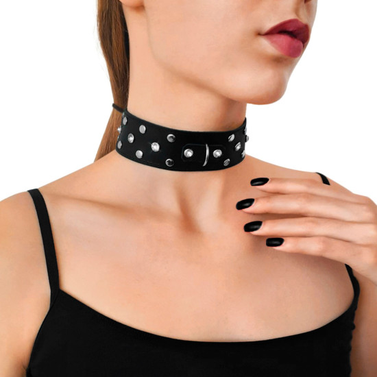 Ошейник из натуральной кожи с заклёпками и стразами, чёрный Art of Sex Jenna Collar