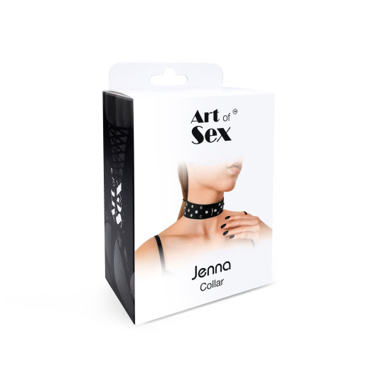 Ошейник из натуральной кожи с заклёпками и стразами, чёрный Art of Sex Jenna Collar