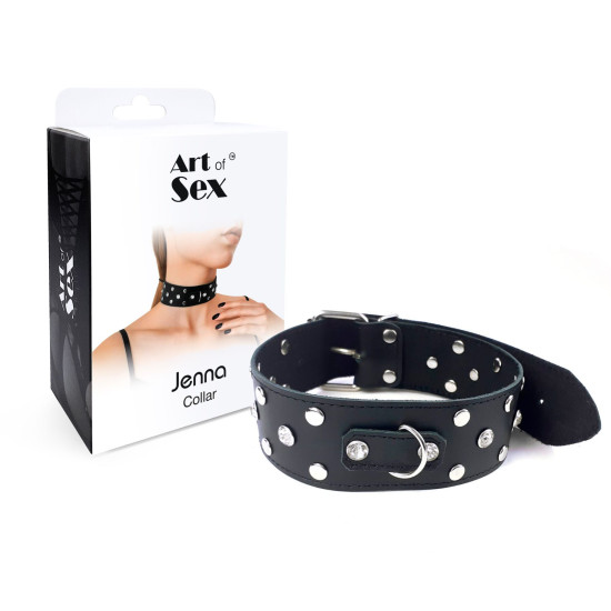Ошейник из натуральной кожи с заклёпками и стразами, чёрный Art of Sex Jenna Collar