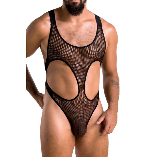 Чоловіче сітчасте боді з резинками, чорне Passion 040 Leon Black, L/XL
