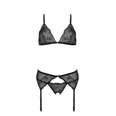 Комплект с открытым доступом (лиф, стринги, пояс для чулок), чёрный Passion Deliena Set Black, S/M