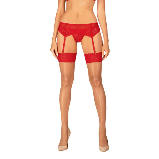 Чулки с красной резинкой, бежевые Obsessive Ingridia Stockings Beige/Red, XS/S
