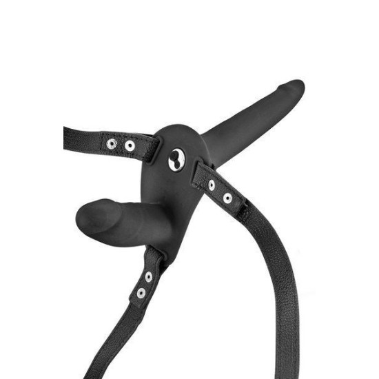 Двухсторонний страпон с вибрацией, черный Fetish Tentation Vibrating Strap-On with Double Dildo Black