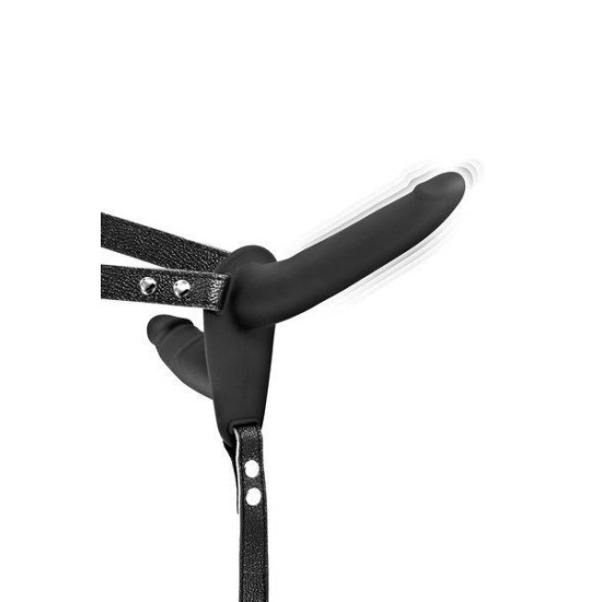 Двухсторонний страпон с вибрацией, черный Fetish Tentation Vibrating Strap-On with Double Dildo Black
