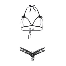 Комплект (открытый бюстгальтер, трусики с жемчугом), черный Leg Avenue Open Cup Bra & Pearl Panty Black, One Size