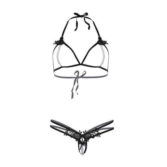 Комплект (открытый бюстгальтер, трусики с жемчугом), черный Leg Avenue Open Cup Bra & Pearl Panty Black, One Size