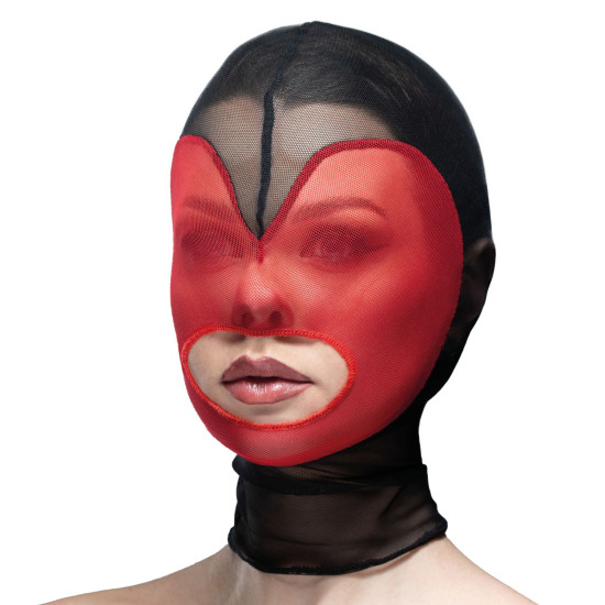 Маска-сердце из сетки с красным декором и открытым ртом, чёрная Feral Feelings Hearts Mask Black/Red