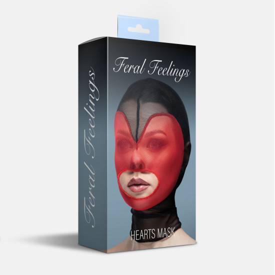 Маска-сердце из сетки с красным декором и открытым ртом, чёрная Feral Feelings Hearts Mask Black/Red