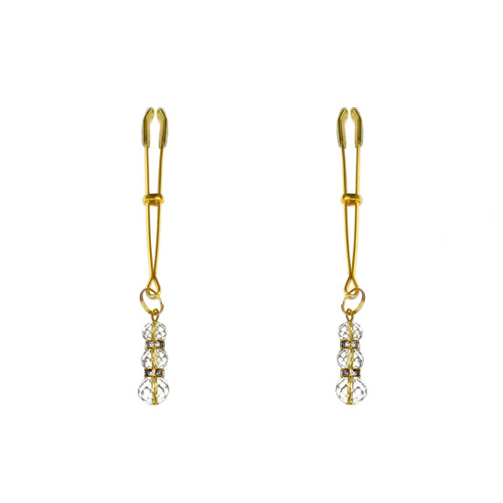 Тонкие зажимы для сосков с подвеской, золотистые Feral Feelings Gold/Clear Thin Nipple Clamps