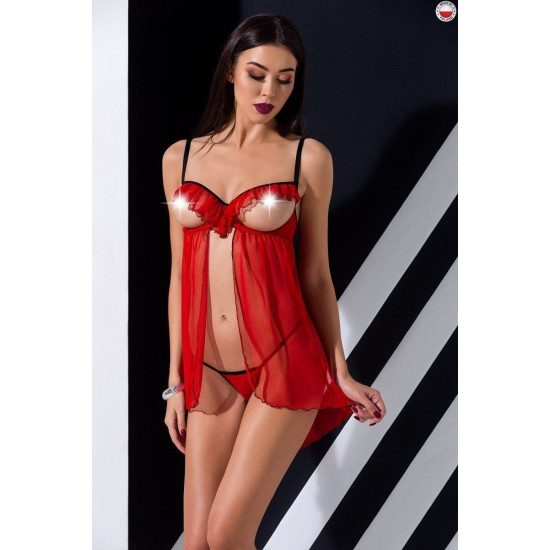 Прозорий пеньюар з відкритими грудьми і трусиками, червоний Cherry Chemise Passion Exclusive, L/XL