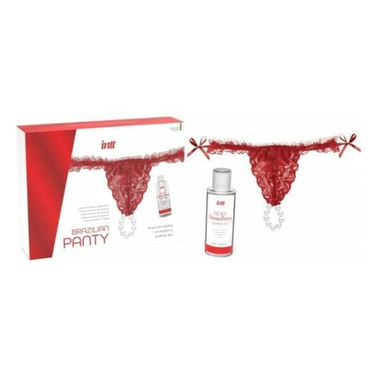 Червоні трусики з перловим кільцем і полуничним лубрикантом Intt Brazilian Panty Red
