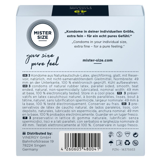 Презервативи для пеніса довжиною 9,5-10 см, 3 шт Mister Size - pure feel 49