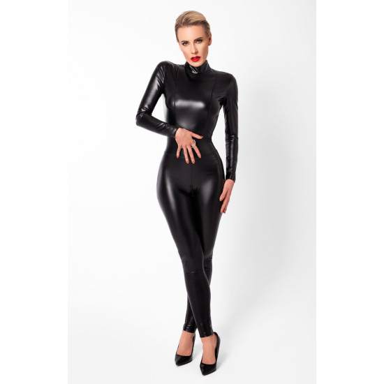 Комбінезон із блискавками та кільцем, мокрий ефект Noir Handmade F319 Caged Wetlook Catsuit with Zippers and Ring, XXL