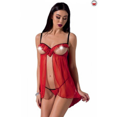 Прозорий пеньюар з відкритими грудьми і трусиками, червоний Cherry Chemise Passion Exclusive, S/M