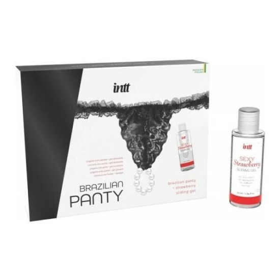 Чорні трусики з перловим кільцем і полуничним лубрикантом Intt Brazilian Panty Black