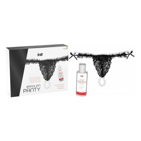 Чорні трусики з перловим кільцем і полуничним лубрикантом Intt Brazilian Panty Black